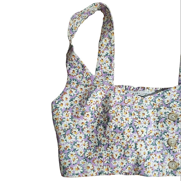 Zara Linen Blend Ditsy Floral Smocked Back Button Front Crop Top S Purple White - Picture 4 of 16